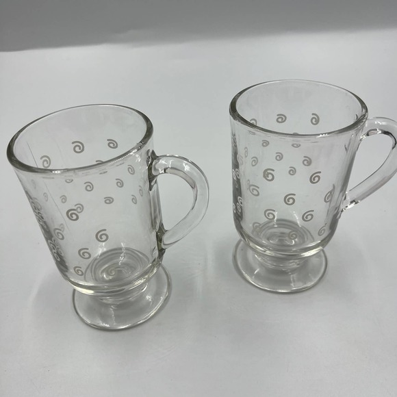 Vintage Set Clear Glass Mugs White Swirl Pattern Heavy Set Of Two Art Deco - Picture 3 of 8